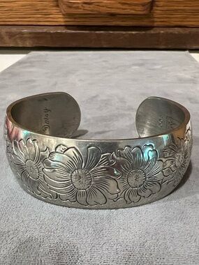Vintage Kirk Stieff Pewter Floral Engraved Cuff Bracelet